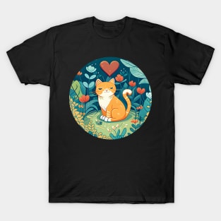 Orange Cat Heart In The Garden - Love Cats T-Shirt